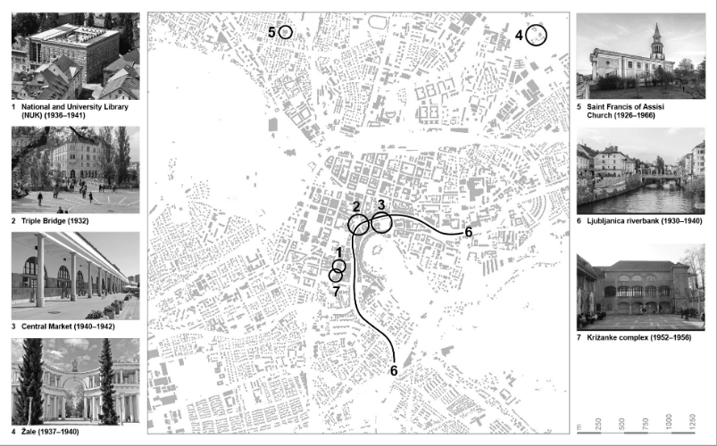 Figure 1: Plečnik’s prominent works on a map of Ljubljana’s city centre (source: authors; photos: Wikimedia Commons, Flickr Creative Commons, and B. Zupančič).
