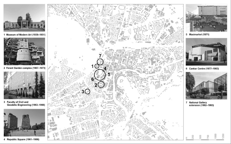 Figure 2: Ravnikar’s prominent works mapped in Ljubljana’s city centre (source: authors; photos: Wikimedia Commons, Flickr Creative Commons, culture.si, and B. Zupančič).