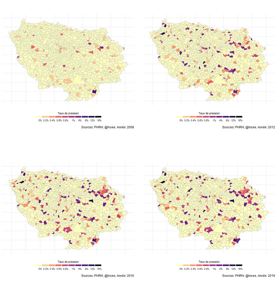 Diese Karte zeigt die Verteilung der Hotelunterkünfte in den Gemeinden in den Jahren 2008, 2012, 2016 und 2019. Je dunkler die Gemeinde eingefärbt ist, desto höher ist der Anteil der im Hotel untergebrachten Menschen gemessen an der Bevölkerung mit festem Wohnsitz. Es wird ersichtlich, dass sich diese Art der Unterbringung bei weitem nicht auf Paris und dessen Umgebung beschränkt, sondern sie insbesondere an den Rändern der Region sowie in Form von Clustern einzelner Gemeinden existiert. Dabei zeigt sich ein doppelter Wachstumseffekt: einerseits hinsichtlich der geographischen Verteilung sowie andererseits quantitativ auf lokaler Ebene.