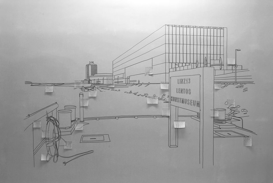 **Andrea van der Straeten: Was ich gehört habe.** 5 Wandzeichnungen, Filzstift auf Dispersion, ca. 220 x 180 cm; Courtesy of O. K. Centrum für Gegenwartskunst; Andrea van der Straeten. © Otto Saxinger