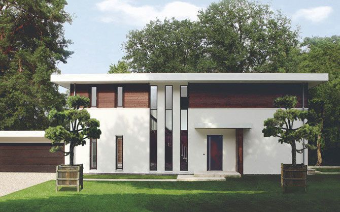 Aus dem Bauhaus-Programm der Firma Haacke Haus: »Bauhaus Ikone ... Dem 90-jährigen Bauhaus-Jubiläum hat Haacke diese anspruchsvolle Villa gewidmet«, Foto: Bild- und Zitatnachweis: www.haacke-haus.de/haeuser/bauhaus/bauhaus-ikone.html (Stand 30. 1. 2012)