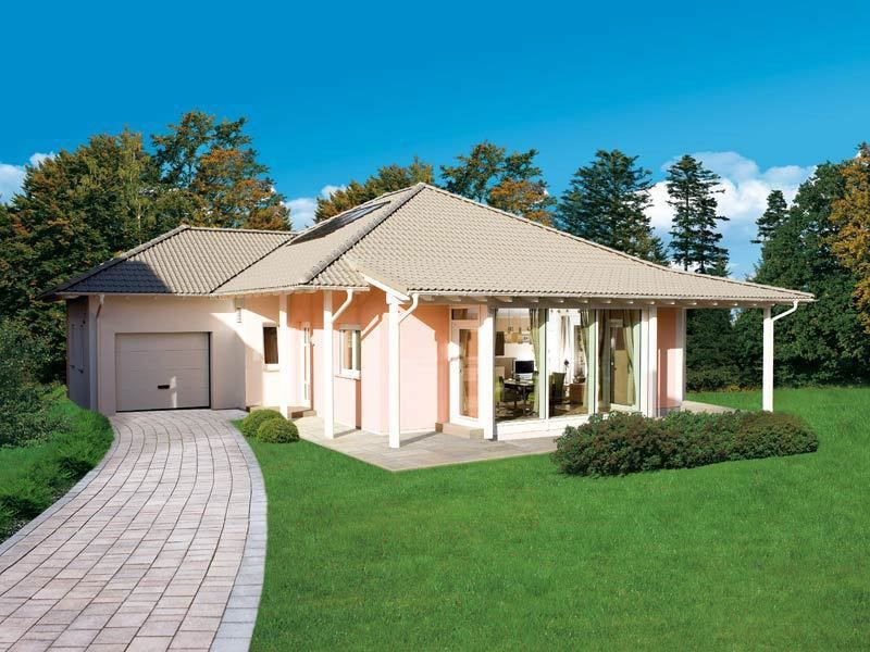 ON-TOP-Bungalow der Firma Bien Zenker: »Großzügiges und praktisches Wohnen ist bei ON TOP 110 perfekt vereint ... Elegantes, schönes Design zeigt ON TOP 110 bereits von außen.« , Foto: Bild- und Zitatnachweis: www.bien-zenker.de/haeuser/nach/hauslinie/life/183 (Stand 30. 1. 2012)